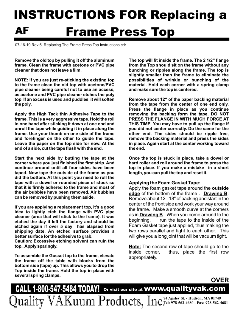 INSTRUCTIONS FOR Replacing a Frame Press Top. Page 1