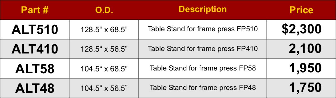 Aluminum table stand price sheet