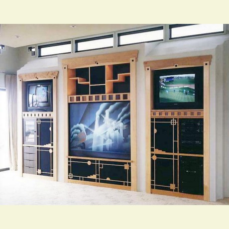 Custom entertainment center with veneer, inlay and marquetry. All the veneer, inlay and marquetry were accomplished with a vacuum press