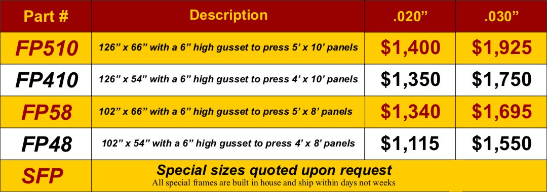 Flip top frame press table price chart