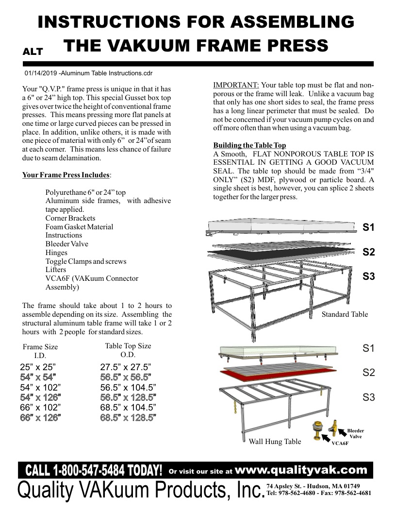 INSTRUCTIONS FOR ASSemBLING THE VAKUUM FRAME PRESS. Page 1