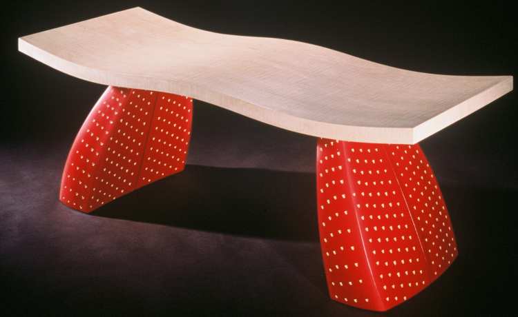 retro style veneered whale tail table by Bill Bancroft