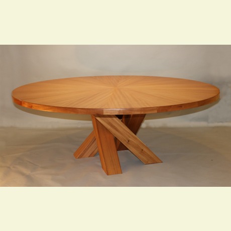 Sunburst veneered round coffee table. Veneer accomplished with a vacuum press