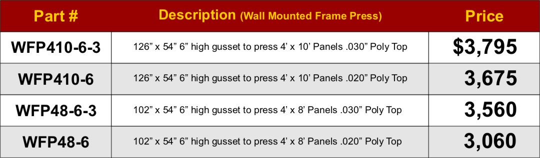 Wall hung frame press price sheet